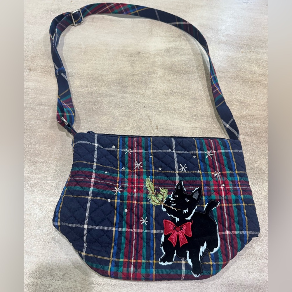 Vera Bradley Christmas Crossbody Bag Scottie Dog Blue Plaid Snowflakes Clean!